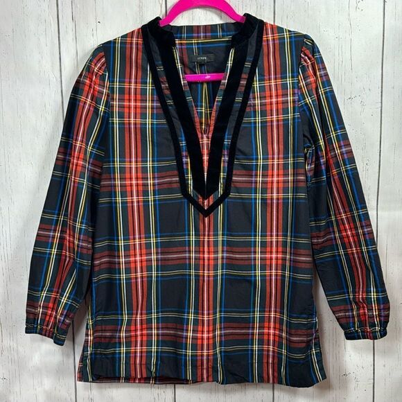 J.Crew Plaid Velvet Trim Blouse Preppy Holiday Classic Academia Chic Layering - Picture 1 of 15